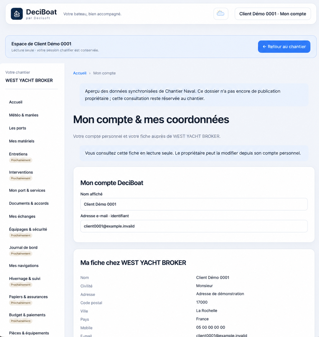 Écran réel DeciBoat du compte propriétaire dans le jeu de données de démonstration