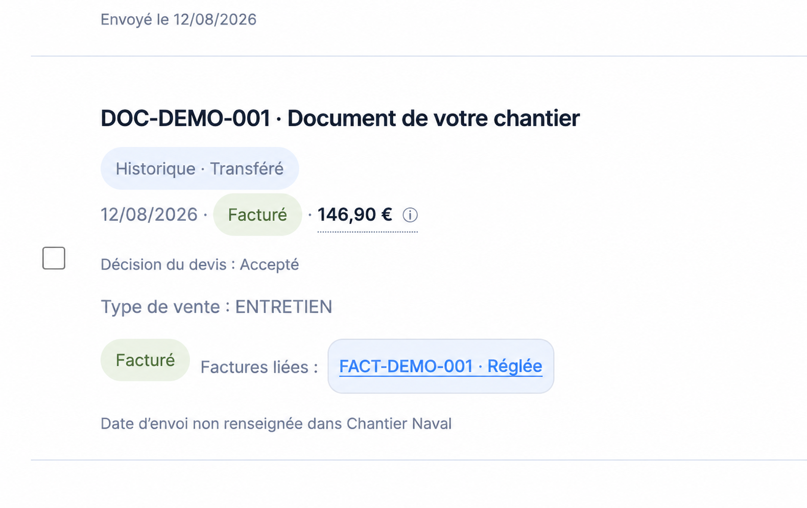 Écran réel DeciBoat du suivi d’un document du chantier